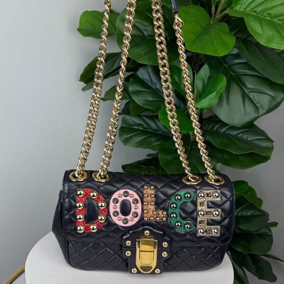 💎✨Authentic DOLCE GABBANA Lambskin Watersnake Embellished Shoulder Bag Black - Picture 1 of 8